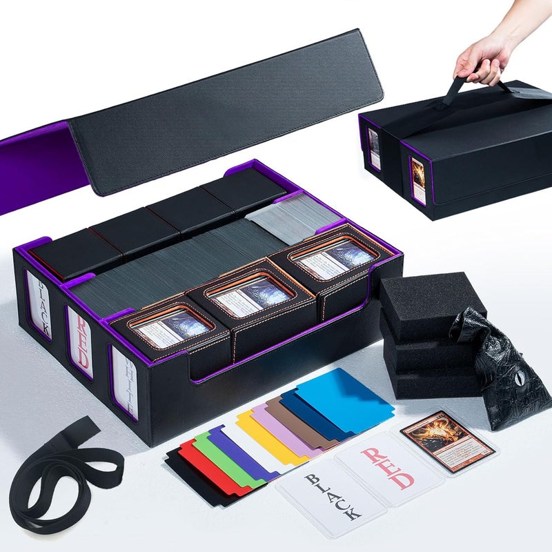 Scimi Extra Large Card Storage Box Holds 3600+ Cards Compatible with 12 Small Deck Boxes, Includes Cthulhu Dice Bag, 10 Colorful Dividers, 4 Protective Foam Pads, Perfect for MTG（Black/Purple） - Image 1